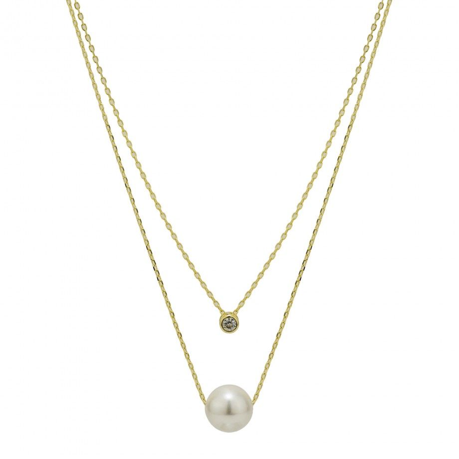 Double Necklace w/ Zirconia and Pearl - Golden