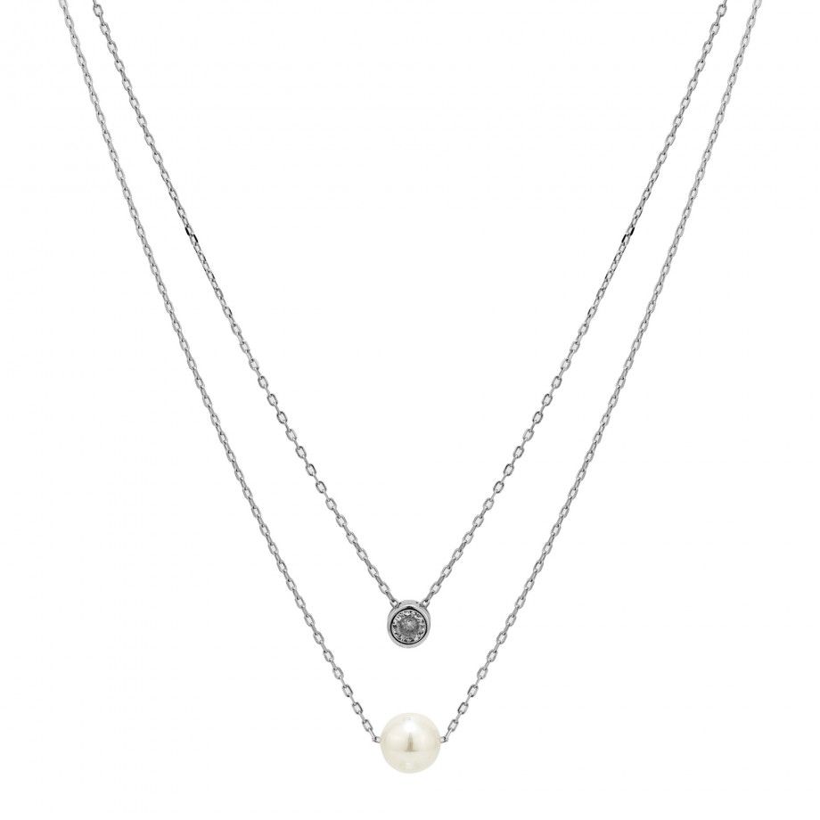 Double Necklace w/ Zirconia and Pearl